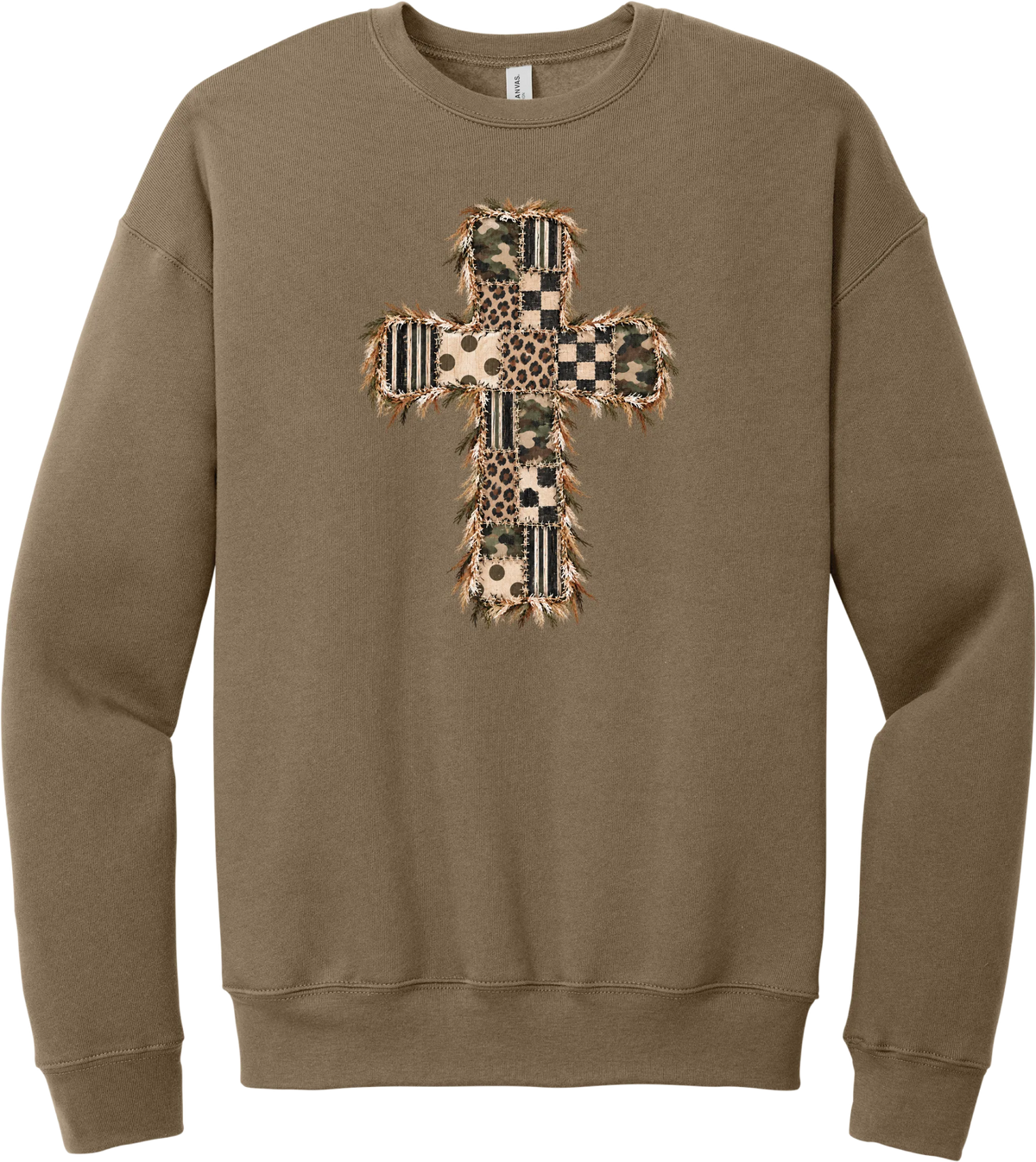 Quilted Patchwork Cross crewneck sweatshirt in Vintage Brown, featuring a patchwork cross in camo, leopard, checkerboard, polka dot, and stripes with a fringed edge
