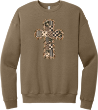 Quilted Patchwork Cross crewneck sweatshirt in Vintage Brown, featuring a patchwork cross in camo, leopard, checkerboard, polka dot, and stripes with a fringed edge